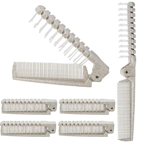 Qjaiune 6PCS Travel Foldable Anti-Static Hair Comb, Brush & Hairdressing Tools, Mini Pocket & Plastic Folding Comb for Men Women (Taupe)