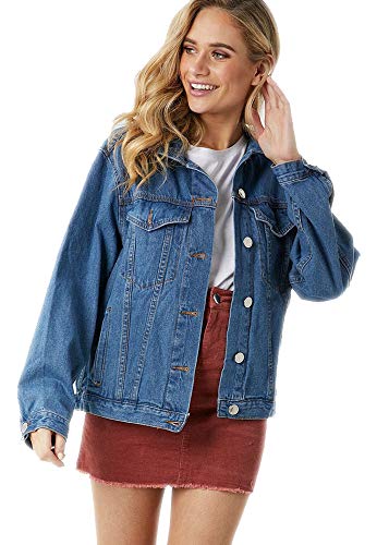 Honeyuppy Denim Jacket for Women Oversized Vintage Washed Long Sleeve Classic Loose Casual Jean Trucker Jacket (M, Dark Blue Washed)