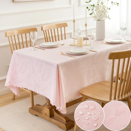 EFFICINATURE Pink Tablecloth Jacquard Fabric Table Cloth for Rectangle Tables Waterproof Washable Wrinkle Free Leaves Soft Table-Cover for Kitchen Dinning Outdoor Birthday Party Decor (52X70 in)