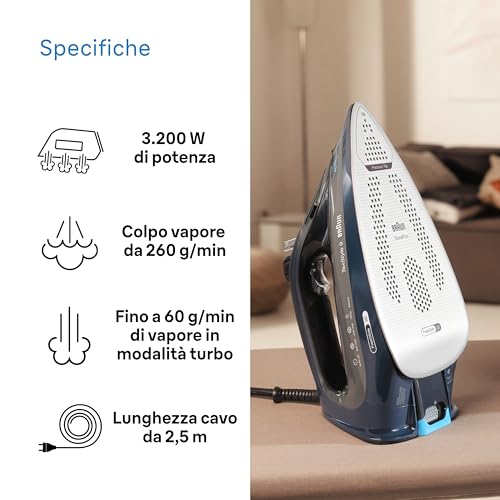 Braun TexStyle 9 SI9682DB Ferro da Stiro a vapore con 5 Anni di Assistenza, Colpo Vapore 260g/min, Modalità ECOMODE Risparmio Energetico, Piastra Freeglide 3D Eloxalplus, Serbatoio 330ml, Blu Scuro - Immagine 4