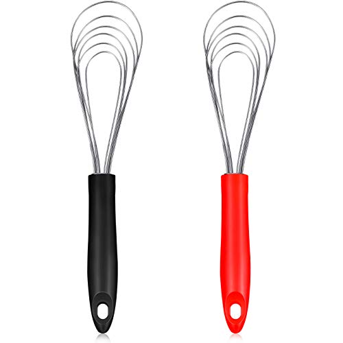 2 Pieces Stainless Steel Flat Whisk Plastic Grips Non Slip 6 Wires Whisk 10.6 Inch Flat Wire Egg Whipper Whisks for Kitchen Cooking, Whisking, Stirring and Blending, Red and Black