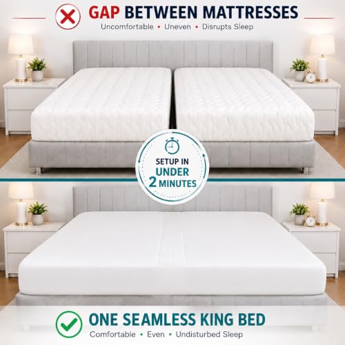 Image of 3-in-1 Split King Gap Filler with Built-in Fitted Sheet, Twin to King Converter, Bed Bridge with Washable Cover, One Size Fits to Twin & Twin XL to King, White, Sheet Strap Set Bonus