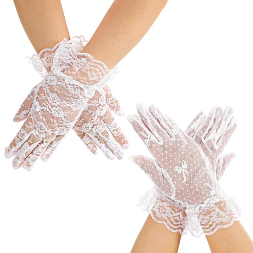 2Pairs Short Lace Gloves White Tea Party Gloves Vintage Courtesy Glove for Formal Princess Dressing Wedding Halloween