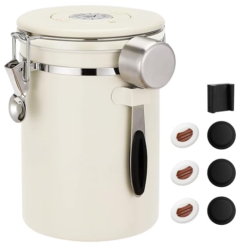 ShanSonコーヒーキャニスター 密封容器 ステンレス コーヒー豆酸化防止 遮光 日付表示 スプーン 単方向排気バルブ付き食品保存缶 砂糖 茶葉 お菓子 珈琲 豆入れ 保存容器 ベージュの商品画像（Amazon）