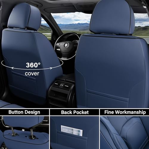 Image of Coverado Car Seat Covers Full Set, Blue Car Seat Cover, Nappa Leather Seat Covers for Cars, Waterproof Car Seat Protector with Lumbar Support, Automotive Seat Covers Universal Fit for Most Cars (Blue)