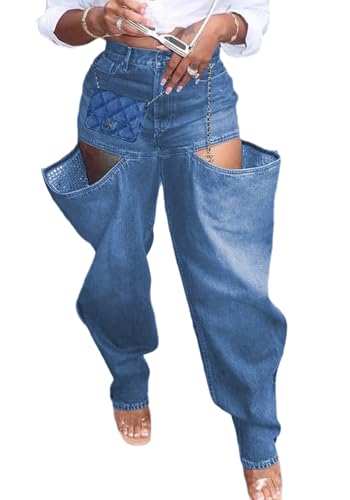 Tbahhir Cutout Denim Jeans for Women Sexy High Waisted Denim Jean Stretchy Relax Fit Y2k Streetwear Club Outifts