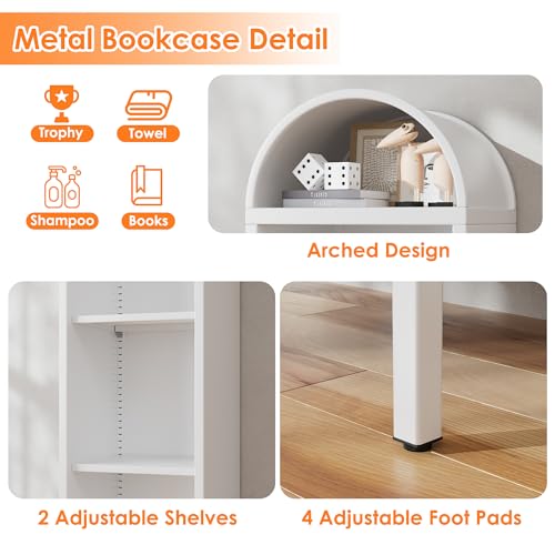 Image of 63 inch H Metal Arch Bookshelf with 2 Adjustable Shelves, Open Arched Display Cabinet,Kitchen Pantry for Dining Room, Living Room, Office, Bathroom, Assembly Required,White
