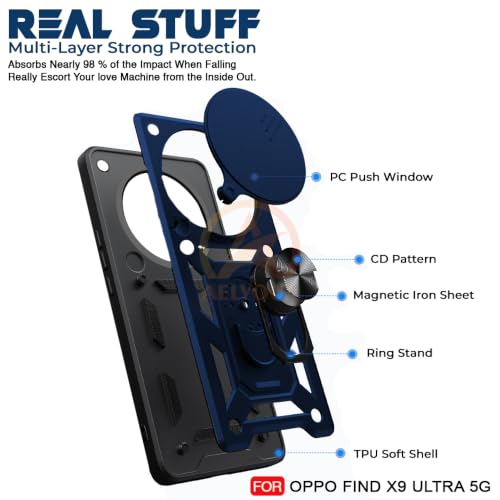 Image of Armor Bumper Back Cover Case for Oppo Find X9 Ultra 5G Rotating Camera Cover, Ring Holder & Kickstand | Heavy Duty & 360 Degree Protection Back Cover for Oppo Find X9 Ultra 5G (Blue)