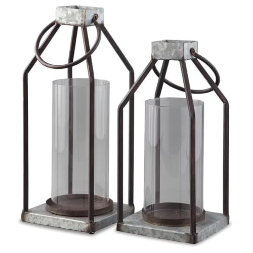 Signature Design by Ashley Diedrick Rustic Lantern, Set of 2, Indoor/Outdoor, Galvanized Metal, Antiqued Finish, Glass Shade, Holds 3 in. Pillar Candles (Not Included), 19" &17", Gray and Black - image 5