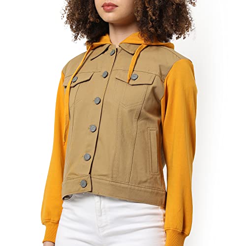 Image of Campus Sutra Women Beige & Yellow Regular Fit Denim Jacket For Winter Wear | Collared Neck | Full Sleeve | Buttoned | Casual Jacket For Woman & Girl | Western Stylish Jacket For Women