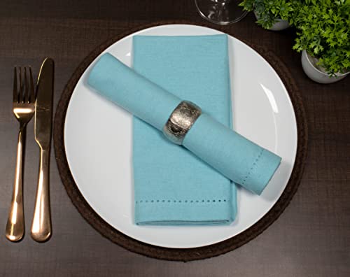 Purpleessences Set Of 12 Hemstitch Cloth Dinner Napkins 100% Cotton - Soft Durable Washable - Solid Easter And Spring Collection Perfect Everyday Use Table Linen Cloth Napkins 18X18 - Aqua Blue #TOP1