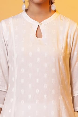 Image of Aurelia White Floral Printed Printed Cotton-Rayon Blend Regular Kurta for Women