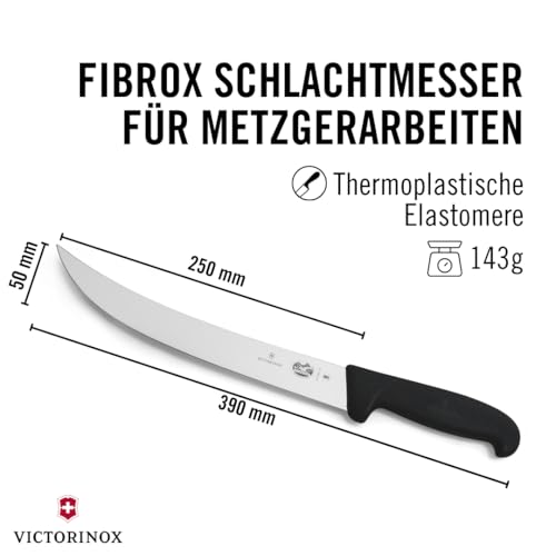 Victorinox Fibrox Schlachtmesser, Langes Zerlegemesser zum Zerteilen großer Fleischstücke, 25 cm, Gebogene Klinge, Scharf, Rostfreier Stahl, Schwarz