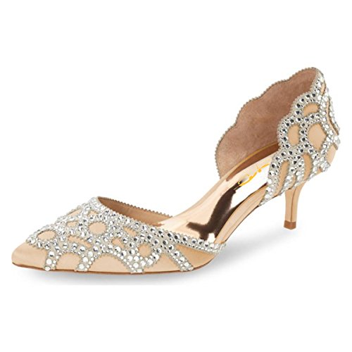 Image of XYD Women's Pumps, Elegant Pointed Toe, D'Orsay Kitten Low Heels, Rhinestone Studs, Slip-On Satin Shoes for Wedding