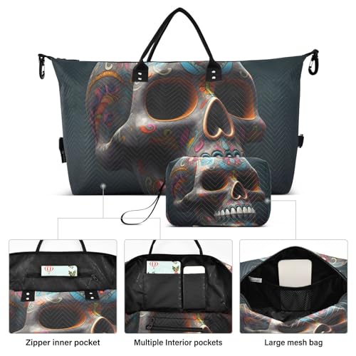 Large Travel Duffel Bag, Mexican Skull Model Sports Tote Gym Bag, Shoulder Weekender Overnight Bag for Women Men, Carry On Luggage with Toiletry Bags2
