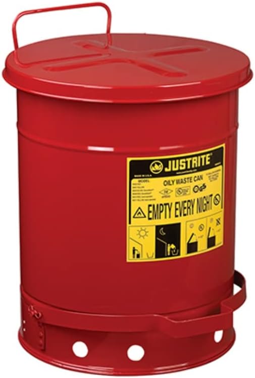 Justrite 6 Gallon Galvanized Steel Oily Waste Can – Self-Closing Lid For Safe Oil Rag Disposal, Made In USA, Red
