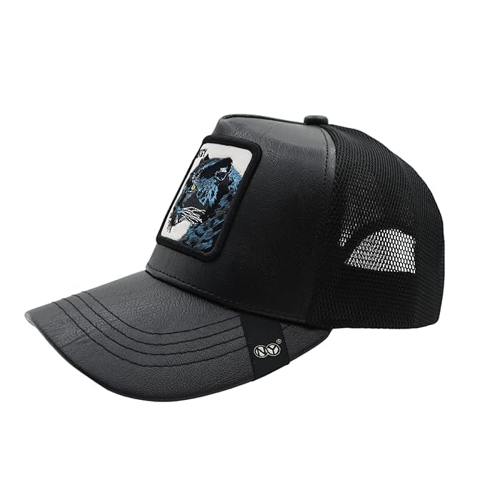 Image of kill off Leather Baseball Cap Panther Patch Cap Trucker for Men Snapback Mesh Animal Patch Hat Men's Black Djustable Baseball Hat Streetwear Fashion Hat