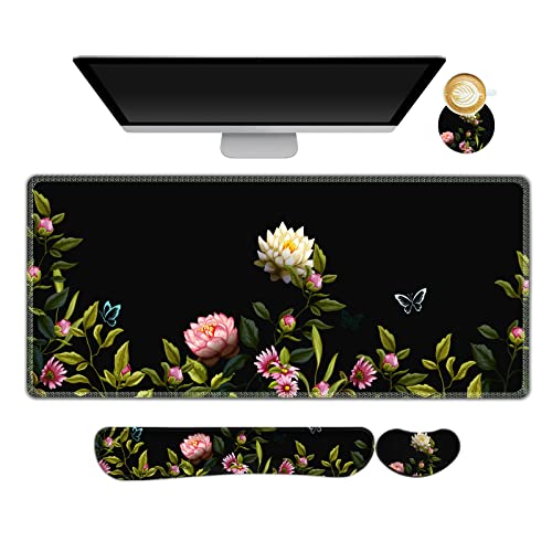 Image of ARTSO Gaming Mouse Pad Wrist Support Set, XXL Large Desk Mat Mousepad + Keyboard Wrist Support+ Mouse Wrist Rest+Coaster 4in1 Ergonomic, Stitched Edge for Home Office -Flowers and Butterflies