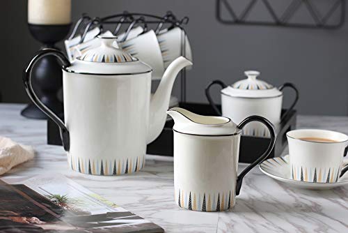 ufengke 15 Piece European Ceramic Tea Sets,Bone China Coffee Set with Metal Holder and Tea Tray,Polish Style Balck Handle