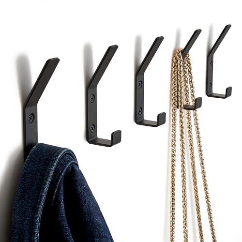 Decorative Coat Hooks For Wall Mount Set of 5 – Stylish and Sturdy Black Metal Double Hooks Are Perfect To Hang Your Jackets, Towels Or Hats – A Modern Addition To Any Farmhouse or Minimal Home Decor