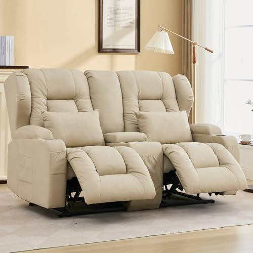 Image of IPKIG 65.3 inch RV Loveseat Recliner Sofa with Storage Console, Leathaire Fabric Wall Hugger Reclining Chair with Cup Holders and Side Pockets, Home Theater Seating Manual Recliner for Living Room (Beige)