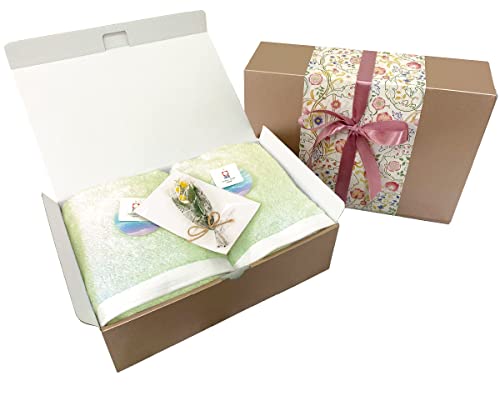 今治タオル 認定 オリジナルギフトセット ラッピング済み バスタオル 日本製 60×120p 綿100% ギフト ボックス入り 包装紙 ミニブーケ付 内祝い 結婚祝い 出産祝い 引っ越し祝い (バスタオル2枚, グリーン(オーロラ))