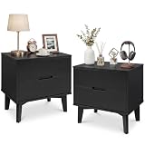 Nightstand Set of 2, Black Modern Nightstand with 2 Drawers Wood Night Stand Bedside Table with Hidden Handles Side Table Compact Space-Saving Design End Table for Bedroom, Dorm