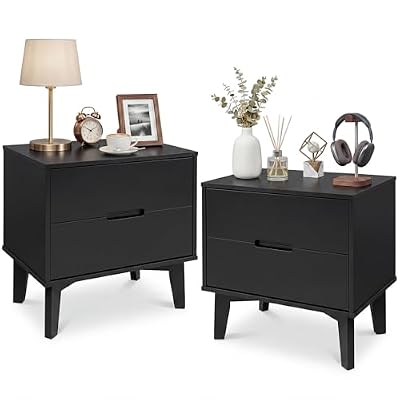 Nightstand Set of 2, Black Modern Nightstand with 2 Drawers Wood Night Stand Bedside Table with Hidden Handles Side Table Compact Space-Saving Design End Table for Bedroom, Dorm