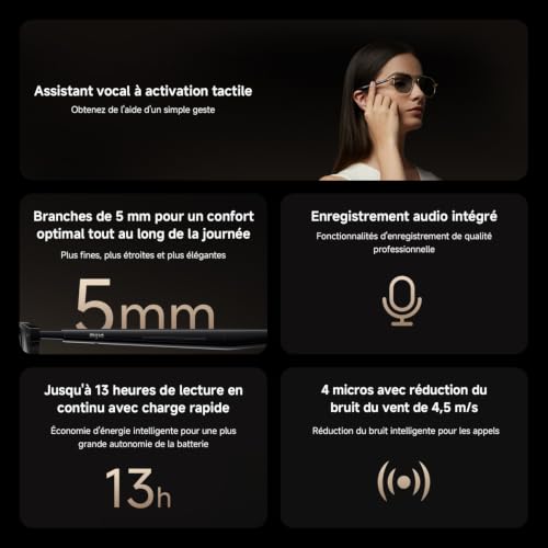 Mijia Smart Audio Glasses, branches de 5 mm, poids léger de 27,6 g, conduction ouverte, réduction du bruit à 4 micros, résistance au vent, autonomie longue durée de 12h, Monture en alliage de Titane – vue 2