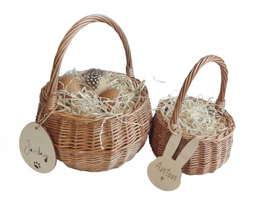 Osterkörbchen für Kinder mit Namens-Anhänger und Stroh, Namensschild Ei, Hasen-Anhänger, Oster-Korb, 15/20cm Durchmesser Ostern Überraschung