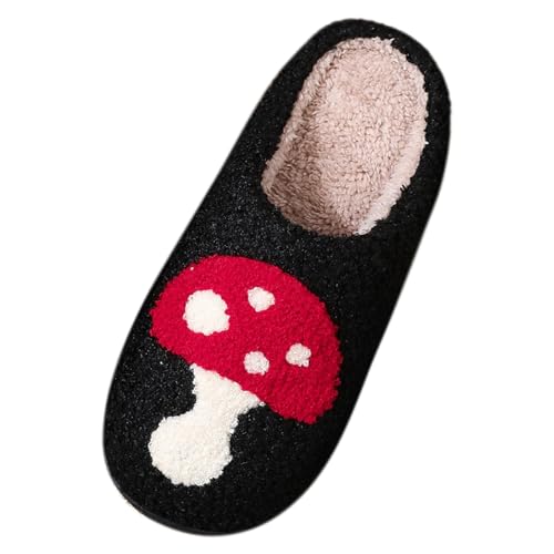 Pantuflas novedosas cómodas para el hogar, lindas pantuflas de invierno de hongos de dibujos animados para hombres y mujeres, parejas, parte inferior gruesa, cálidas y acogedoras, 01 Negro, 39 EU