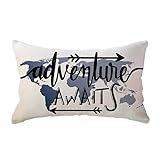 Blue World Map Adventure Lumbar Throw Pillow Cover Adventure Awaits Arrow Decor Cabin/Camper Geography Theme Decorative Rectangular/Waist Pillowcases 12 x 20 Inch for Sofa/Couch/Porch(12'×20', Blue)