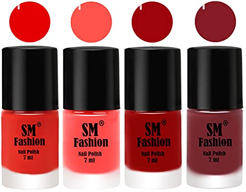Image of Nail Polish Combo Set (Pack of 4) Quick Dry Gel Finish Nail Paint | Fire Orange,Baby Pink,Light Red,Plum | 7 ml Each