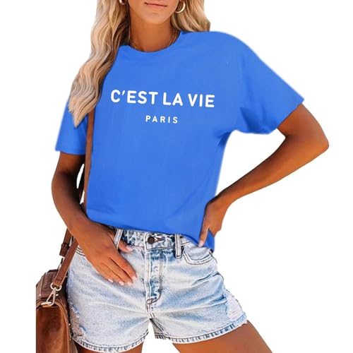 Tuislay C'est La Vie T-Shirt Graphic Tees for Women Paris Shirts Oversized Baggy Trendy Summer Short Sleeve Loose Fit Top(Sapphire Blue,S)