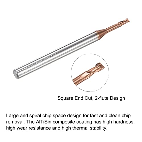 Image of uxcell Square Nose End Mill, 2mm Solid Carbide AlTiSin Coated Long Reach CNC Router Bits 2 Flutes Milling Cutter with Extended Neck, 10mm Cutting Length 4mm Shank