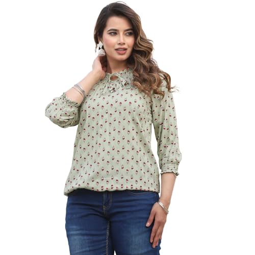 Image of Himanshi Enterprises Women's Traditional Casual 3 /4 Sleeves Mandarin Nack Rayon Floral Printed Short Kurti