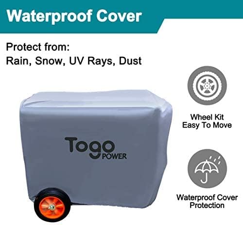 A gray waterproof cover protecting the Togo POWER Portable Generator, with icons indicating protection from rain, snow, UV rays, and dust.