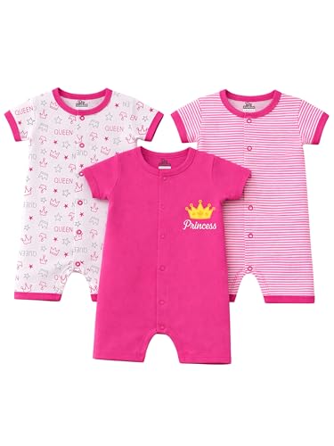 Image of Kidbee Infant Cotton Romper Set Pack of 3, Half Sleeve Front Open Bodysuit Jumpsuit for Baby Boys & Girls, 0-9 Months