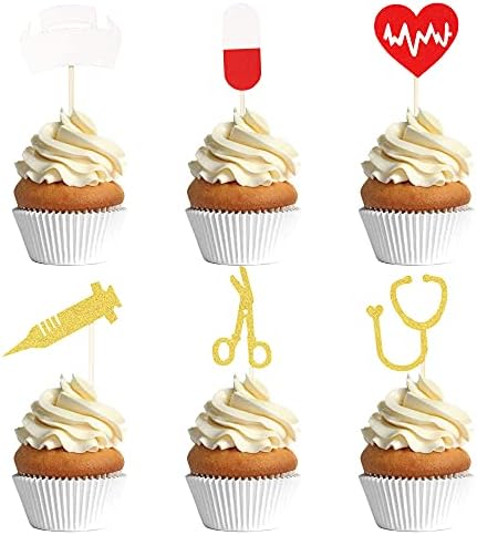Yecehapy 25Pcs Nurse Nursing Cake Toppers Nursing Cupcake Decoration Nurse Hat Syringe Pill Stethoscope Cupcake Toppers for Nursing Theme Party Decorations Multicolor