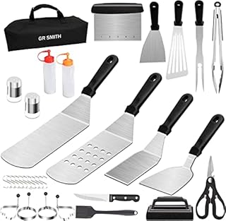 GR Smith - Grill Accessories Set for BBQ - Stainless Steel Grilling Utensils - Spatula Scraper Tongs Cooking Utensils Carrying Bag Kit - Kitchen & Outdoor Camping Griddle Tool - Easy Clean -32 Pcs