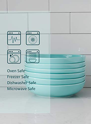 Wide and Shallow Porcelain Salad and Pasta Bowls Set of 6-24 Ounce Microwave and Dishwasher Safe Serving Dishes, Turquoise