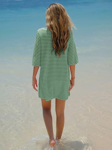 Image of EXLURA Women's Summer T Shirt Dress Casual Short Sleeve Loose Striped Mini Dresses 2026 Vacation Beach Sundress Pockets