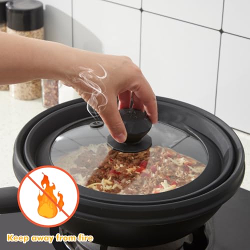 Image of Microwave Splatter Cover Vented Glass Splatter Guard Lid with Collapsible Silicone for Food as Pot Cover Plate 9.8 inch Black