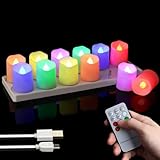 FREEPOWER 12 Stück Wiederaufladbare LED Teelichter Bunt mit Ladestation, USB-Kabel & Fernbedienung - Timer - Flackern - Dimmbar - Ø 4 x 4.5cm