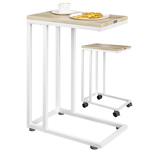Casaria Table d'appoint Bout de canapé avec roulettes Cadre en métal Blanc Desserte de lit Support Ordinateur Portable