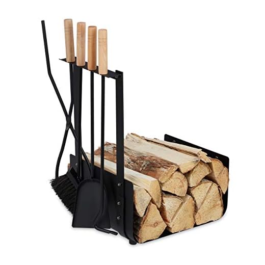 Relaxdays Leñero Metálico, Set Accesorios Chimenea, Pala, Escobilla, Tenazas y Atizador, Estantería Leña Interior, Negro