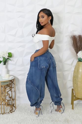 Mandonce Baggy Jeans for Women Cargo Wide Leg Jeans Drawstring Denim Hippie Pants Loose Fit Jeans for Women Trendy4