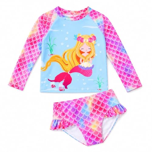 Image of HILEELANG Toddler & Little Girls' Long Sleeve Rash Guard Swimwear Set - UV Protection, 2-Piece Design, Fun Prints, 2-9 Years