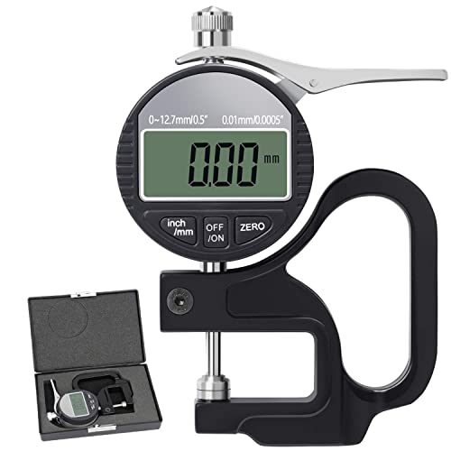 Image of Digital Thickness Gauge with Lever Handle - Electronic Micrometer Measuring Tool (0-12.7mm / 0.5 Inch) with LCD Display, 0.01mm Accuracy, Inch /MM Conversion (12.7mm)