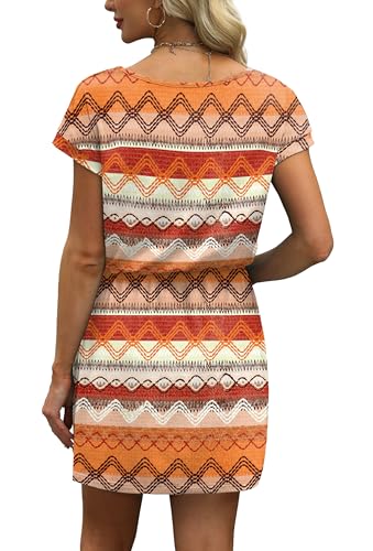 Image of OFEEFAN Summer Dresses for Women 2026 V Neck T Shirt Casual Mini Dresses Tie Waist Sundresses with Pockets